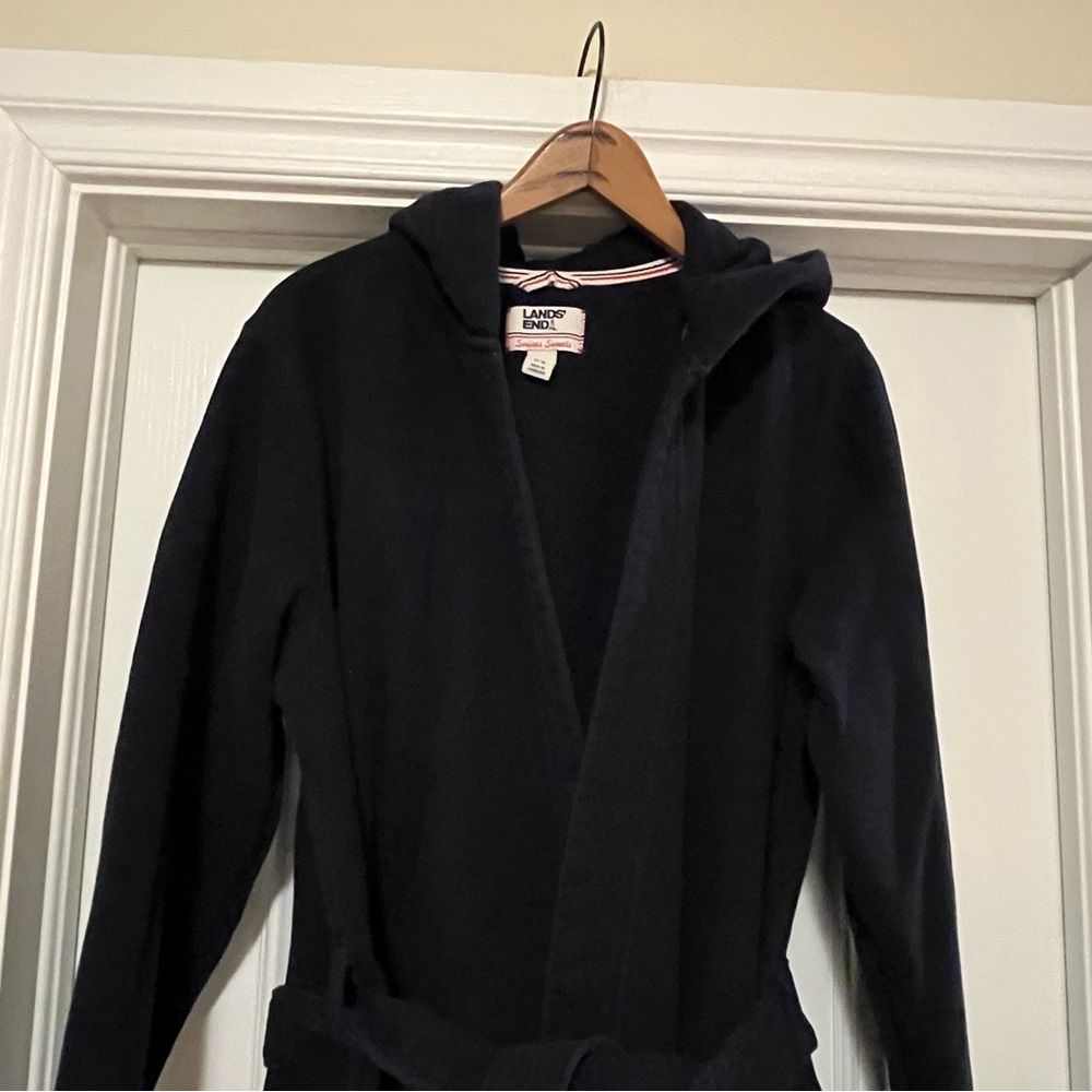 Land’ End Women’s Size Large Navy Blue Serious Sweats Fleece Lined Bathrobe Robe - Picture 2 of 11